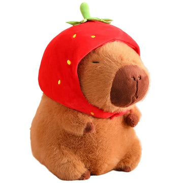 Kawaii Capybara Plush Toy - Fluffy Stuffed Animal with Turtle Bag & Strawberry Cap